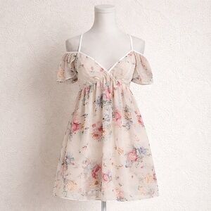 Romantic Floral Off-Shoulder Mini Dress | Sheer Chiffon Garden Fairy M/L